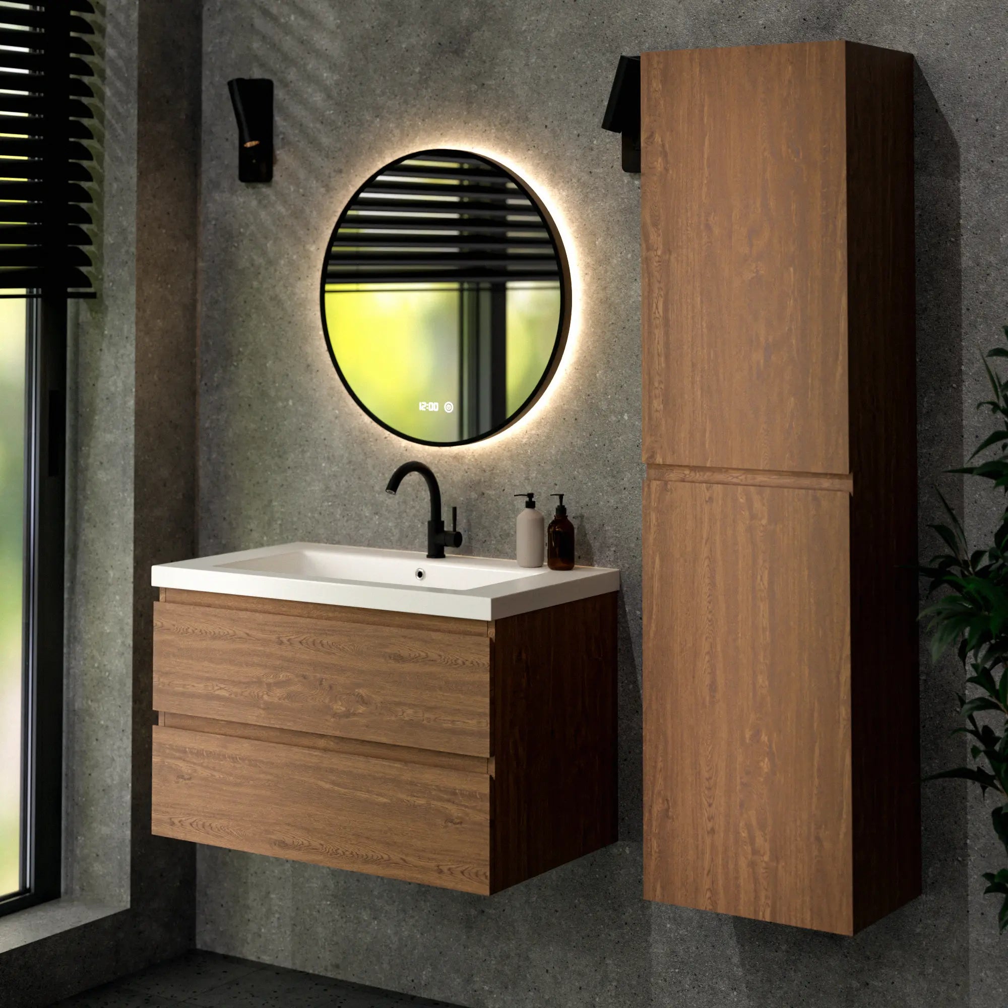 Badkamermeubel set Valento - 80cm - Warm Eiken - Wastafel Wit