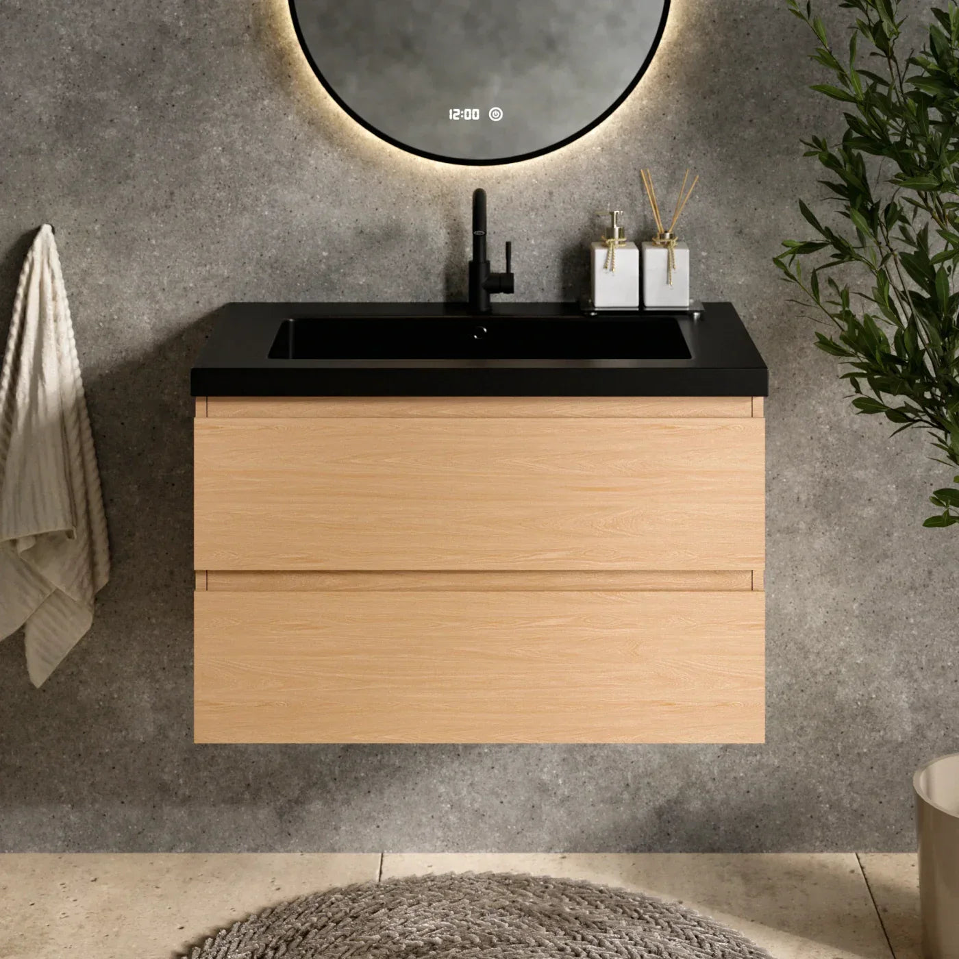 Badkamermeubel set Monaco - 80cm - Licht Eiken - Wastafel Zwart