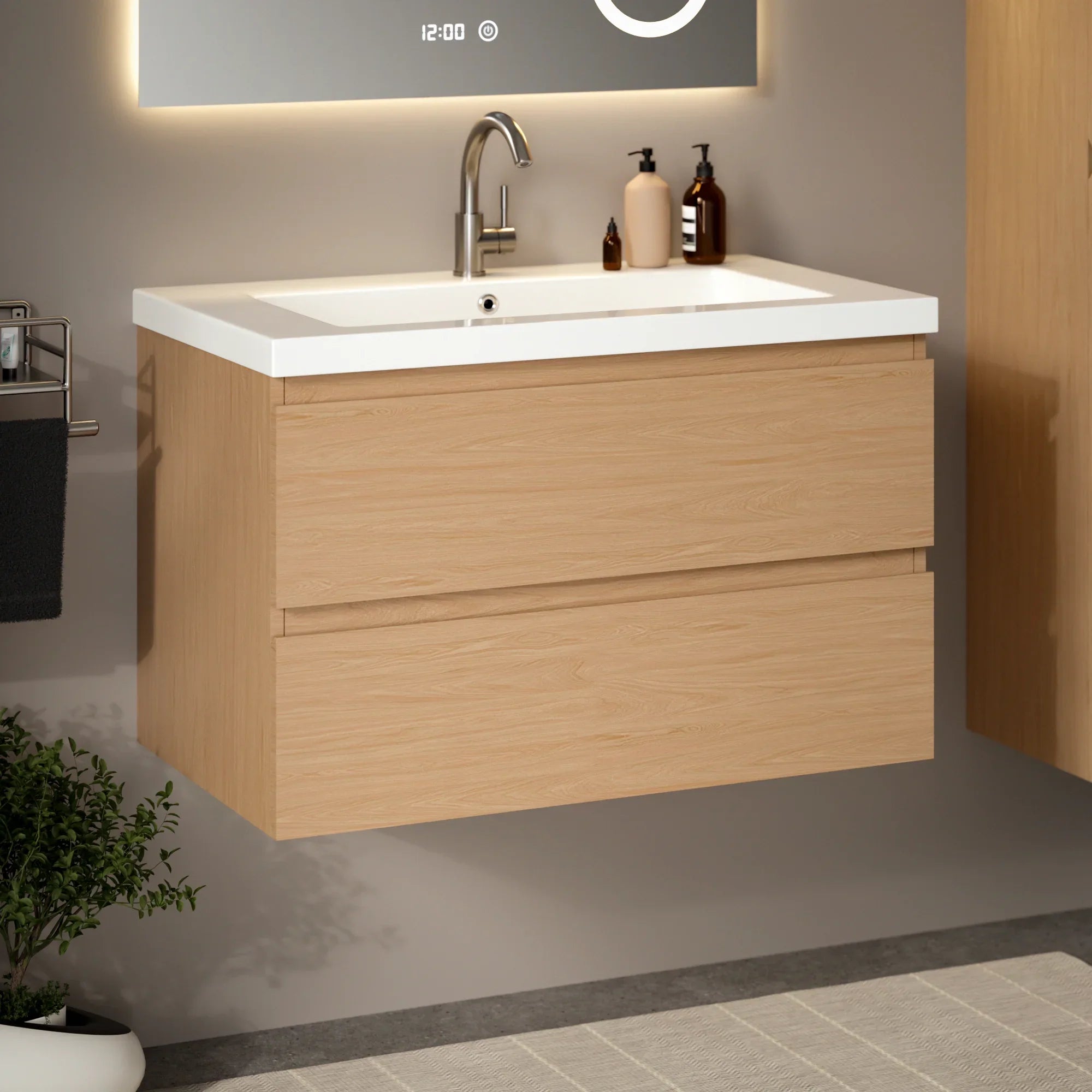Badkamermeubel set Amara - 80cm - Licht Eiken - Wastafel Wit