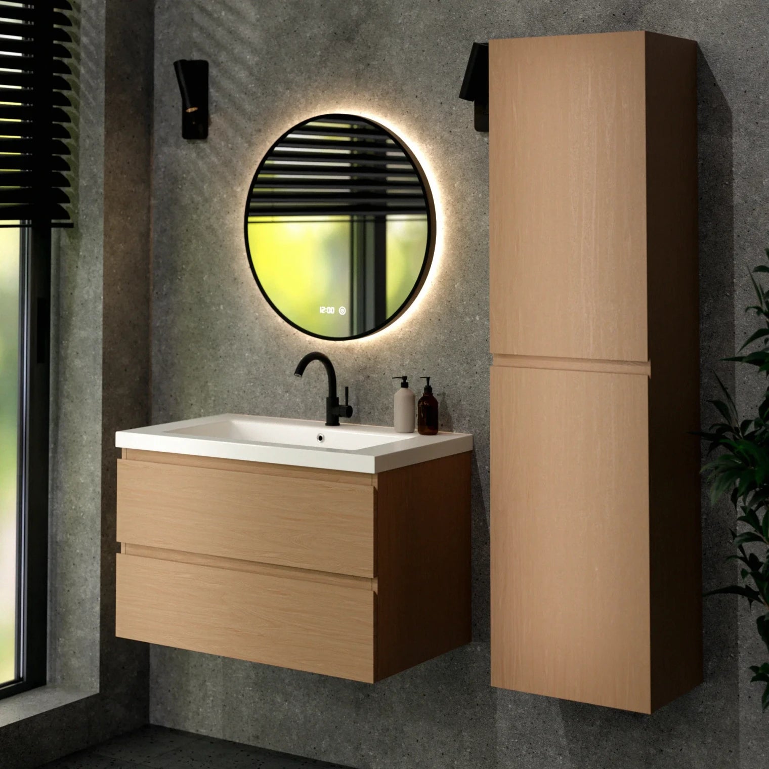 Badkamermeubel Sova - 80cm - Licht Eiken - Wastafel Wit