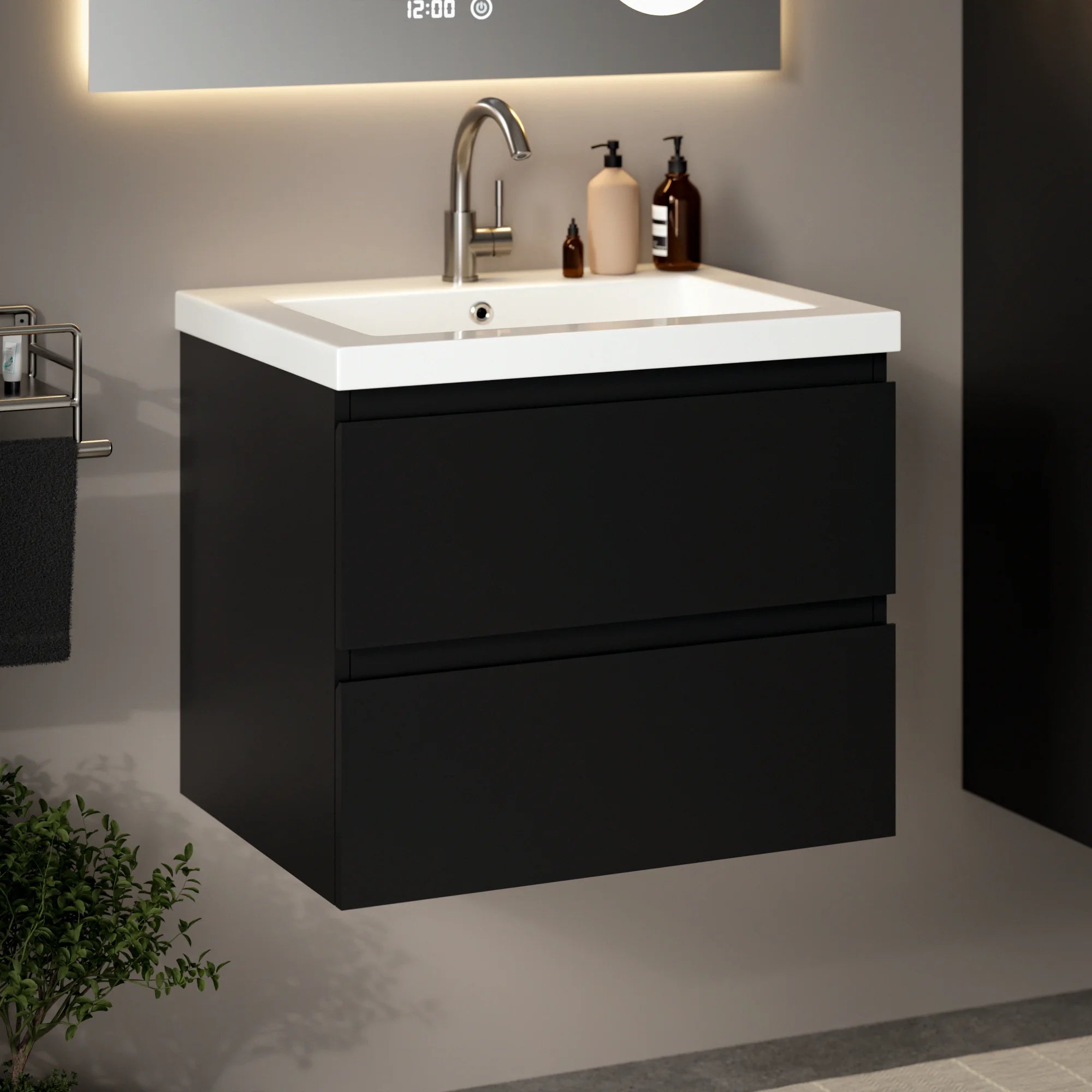 Badkamermeubel Karo - 60cm - Mat Zwart - Wastafel Wit - PRE-ORDER