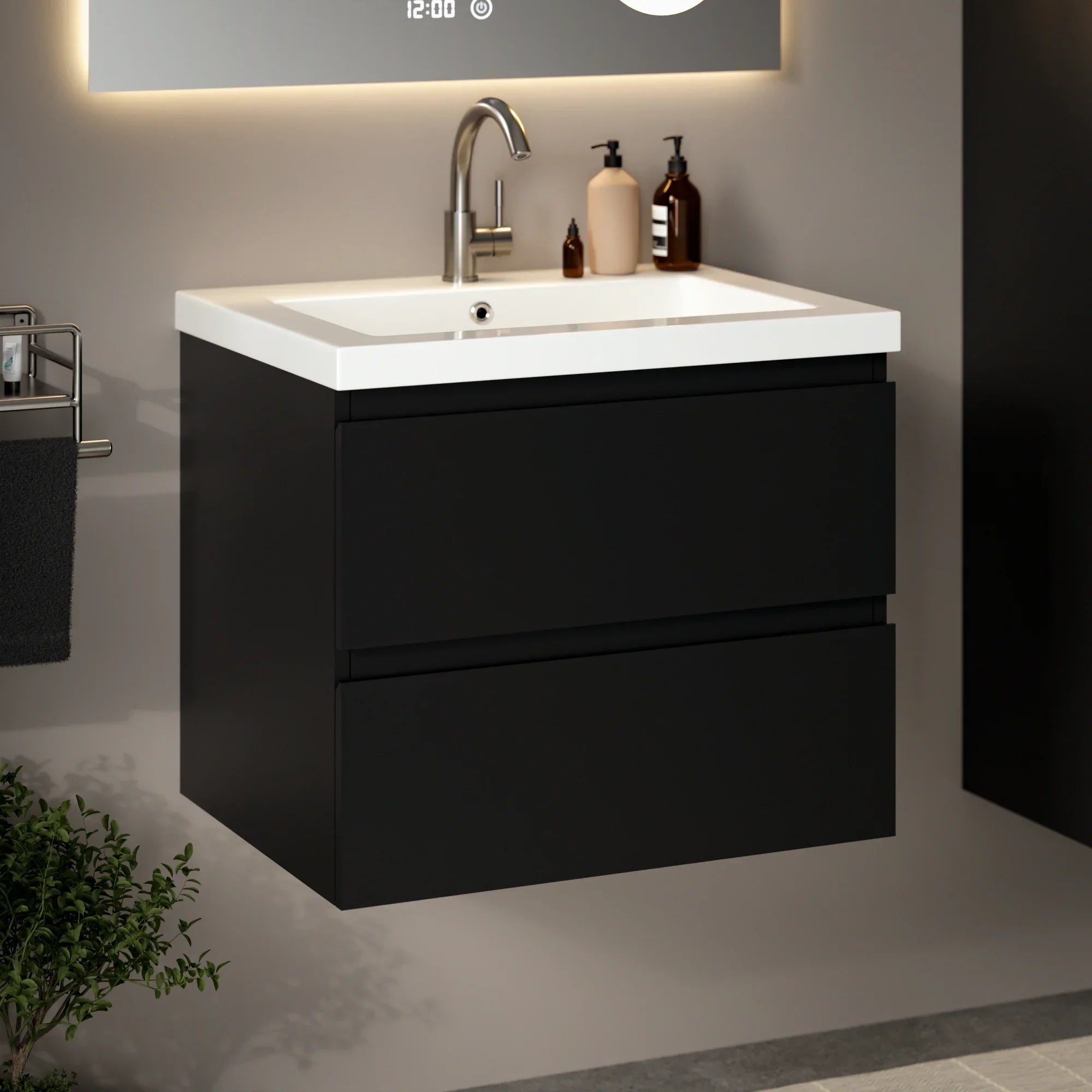 Badkamermeubel set Lunaro - 60cm - Mat Zwart  - Wastafel Wit - PRE-ORDER