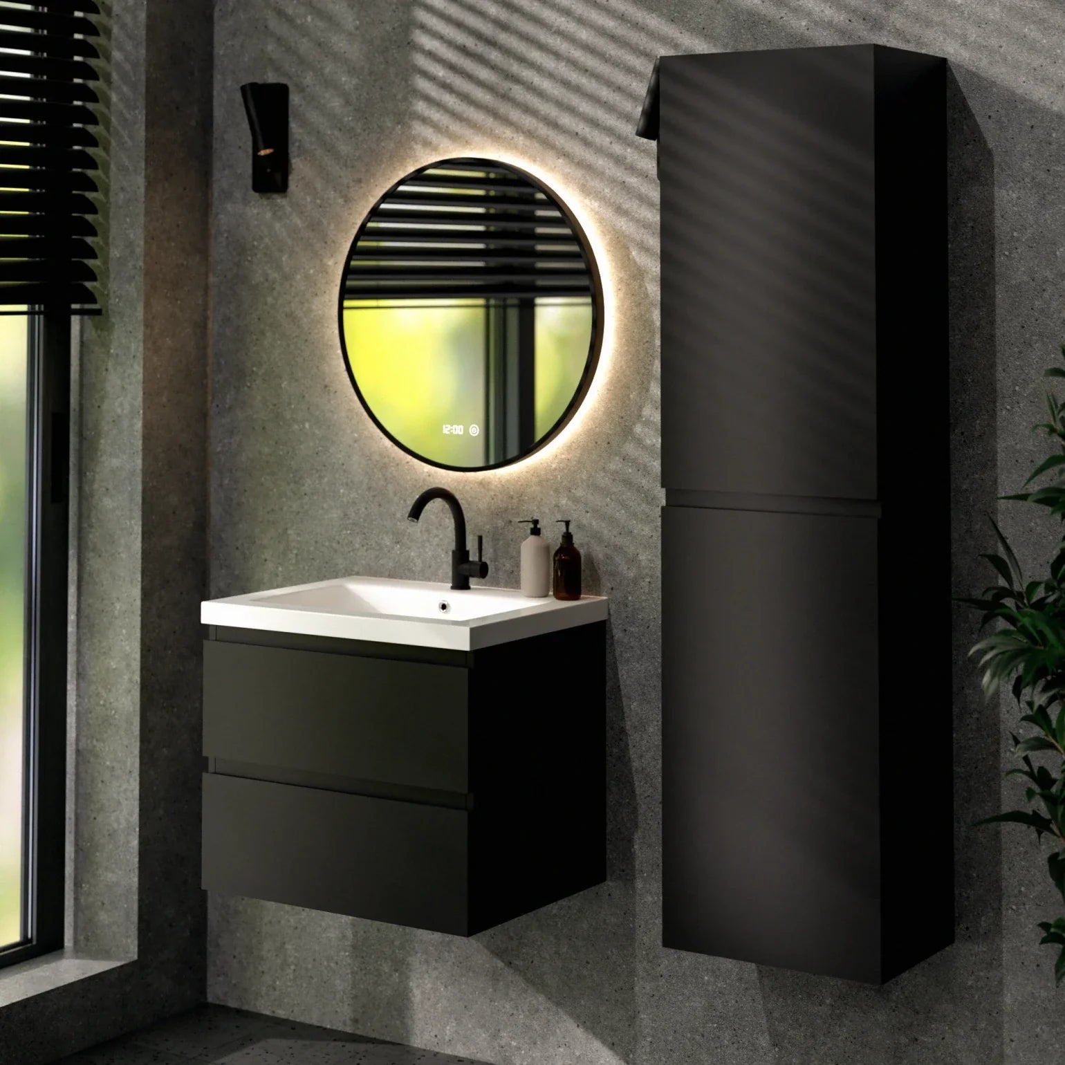 Badkamermeubel set Lunaro - 60cm - Mat Zwart  - Wastafel Wit - PRE-ORDER