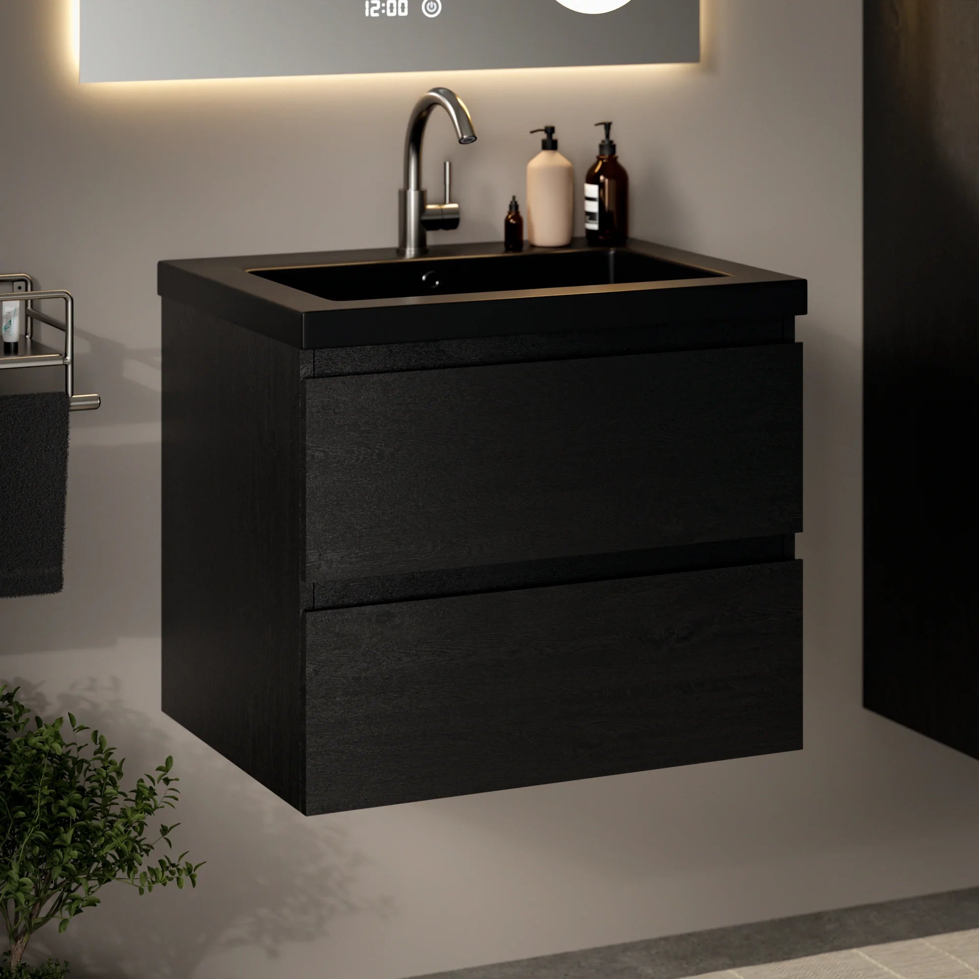 Badkamermeubel Karo - 60cm - Zwart Eiken - Wastafel Zwart - PRE-ORDER
