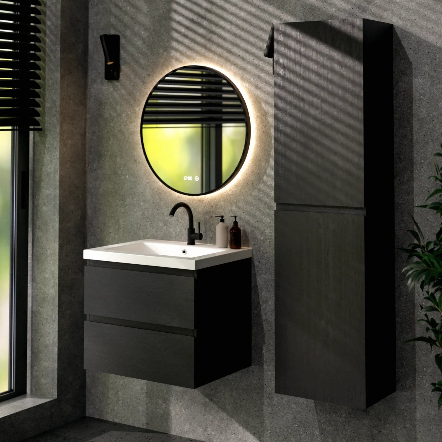 Badkamermeubel Karo - 60cm - Zwart Eiken - Wastafel Wit - PRE-ORDER