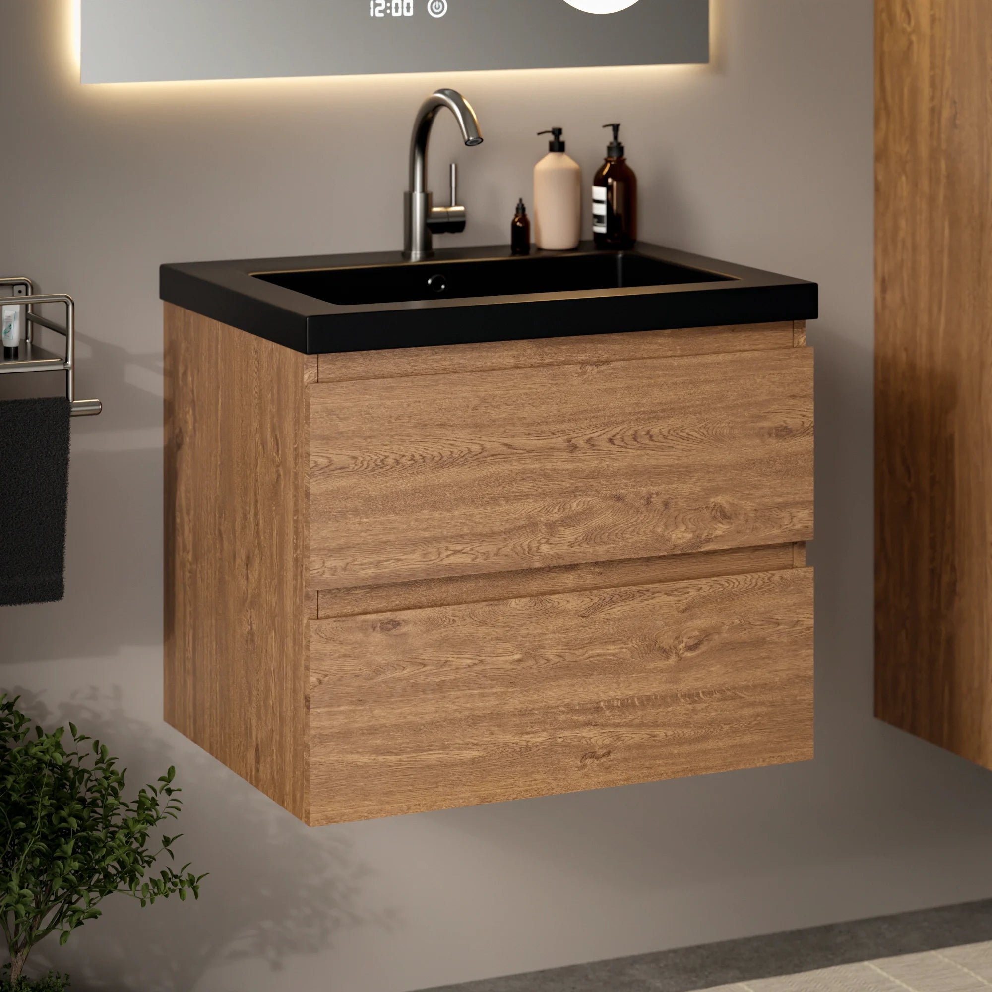 Badkamermeubel Karo - 60cm - Warm Eiken - Wastafel Zwart - PRE-ORDER