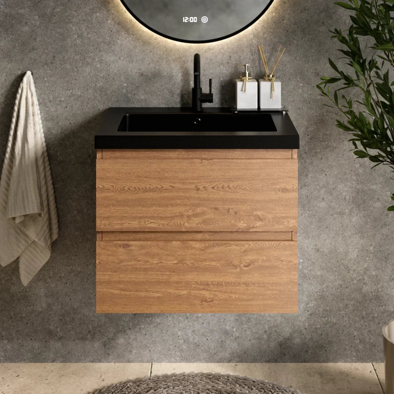 Badkamermeubel set Verona - 60cm- Warm Eiken - Wastafel Zwart - PRE-ORDER