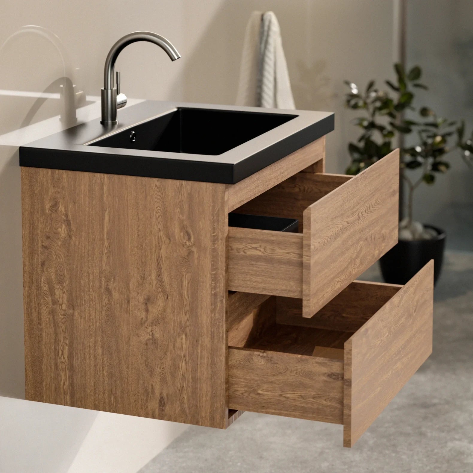 Badkamermeubel Karo - 60cm - Warm Eiken - Wastafel Zwart - PRE-ORDER