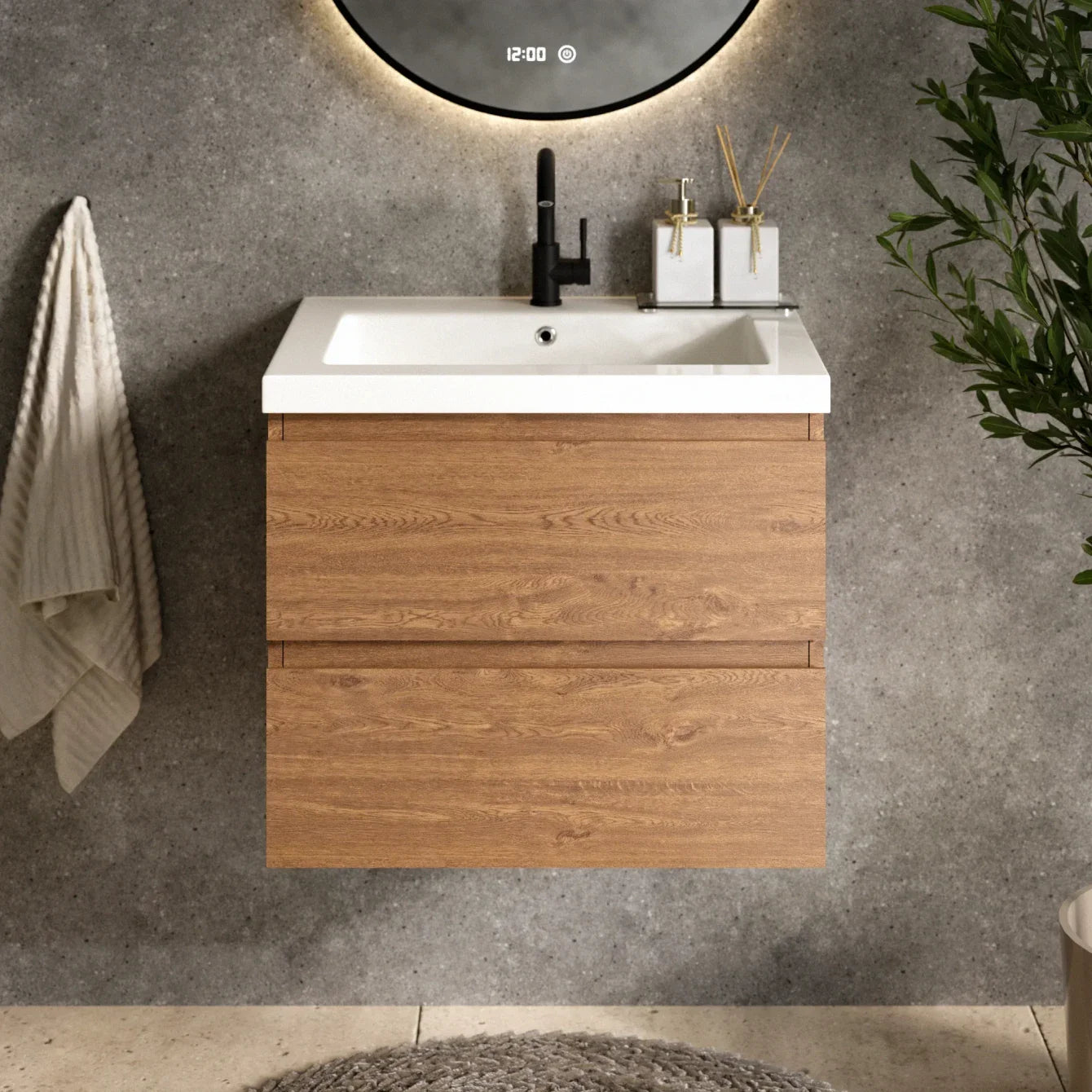 Badkamermeubel set Valento - 60cm - Warm Eiken - Wastafel Wit