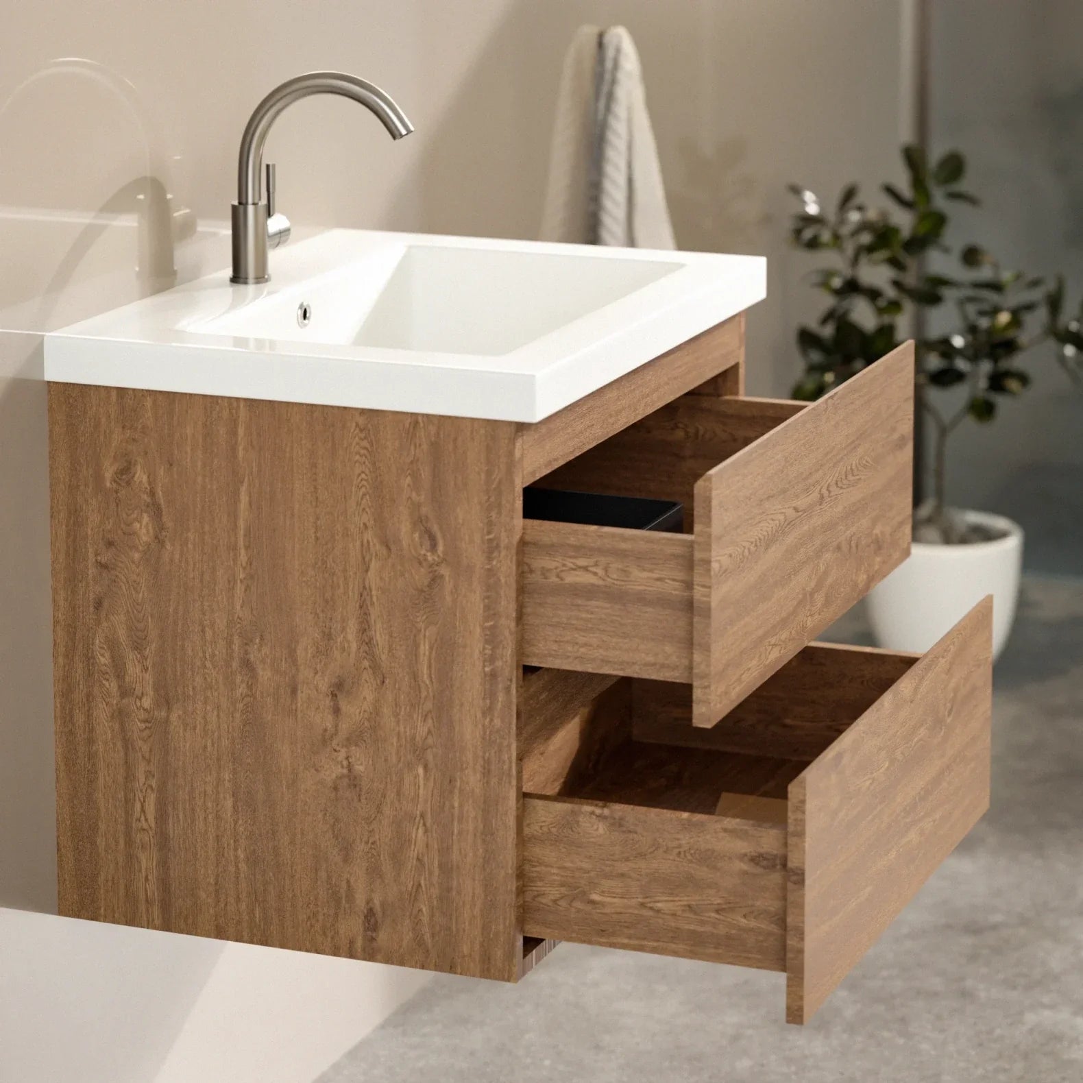 Badkamermeubel set Valento - 60cm - Warm Eiken - Wastafel Wit