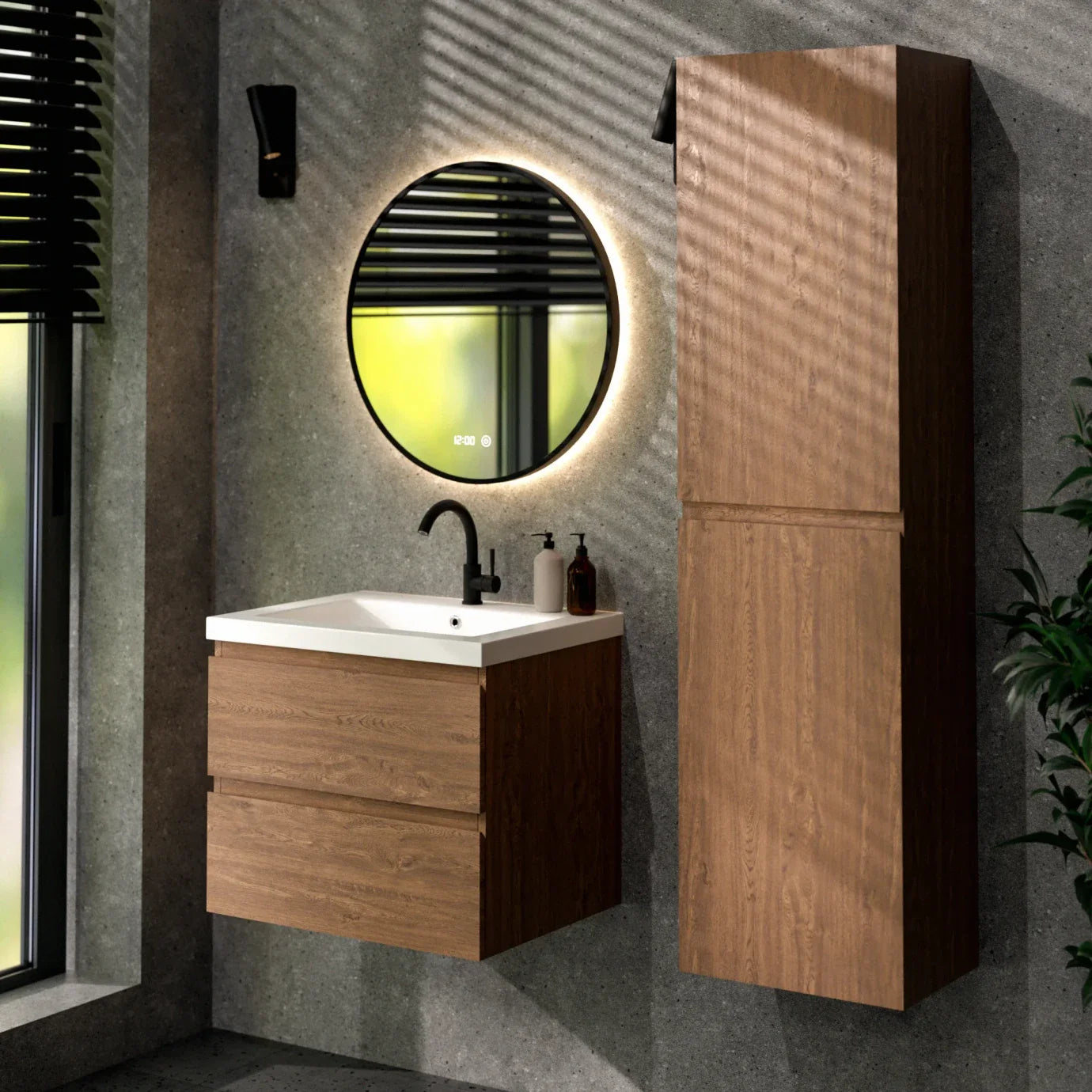 Badkamermeubel set Valento - 60cm - Warm Eiken - Wastafel Wit