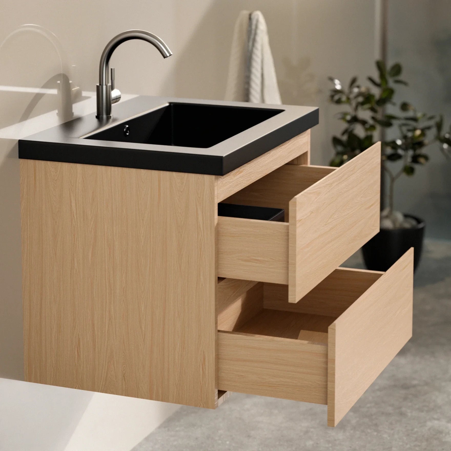 Badkamermeubel Karo - 60cm - Licht Eiken - Wastafel Zwart