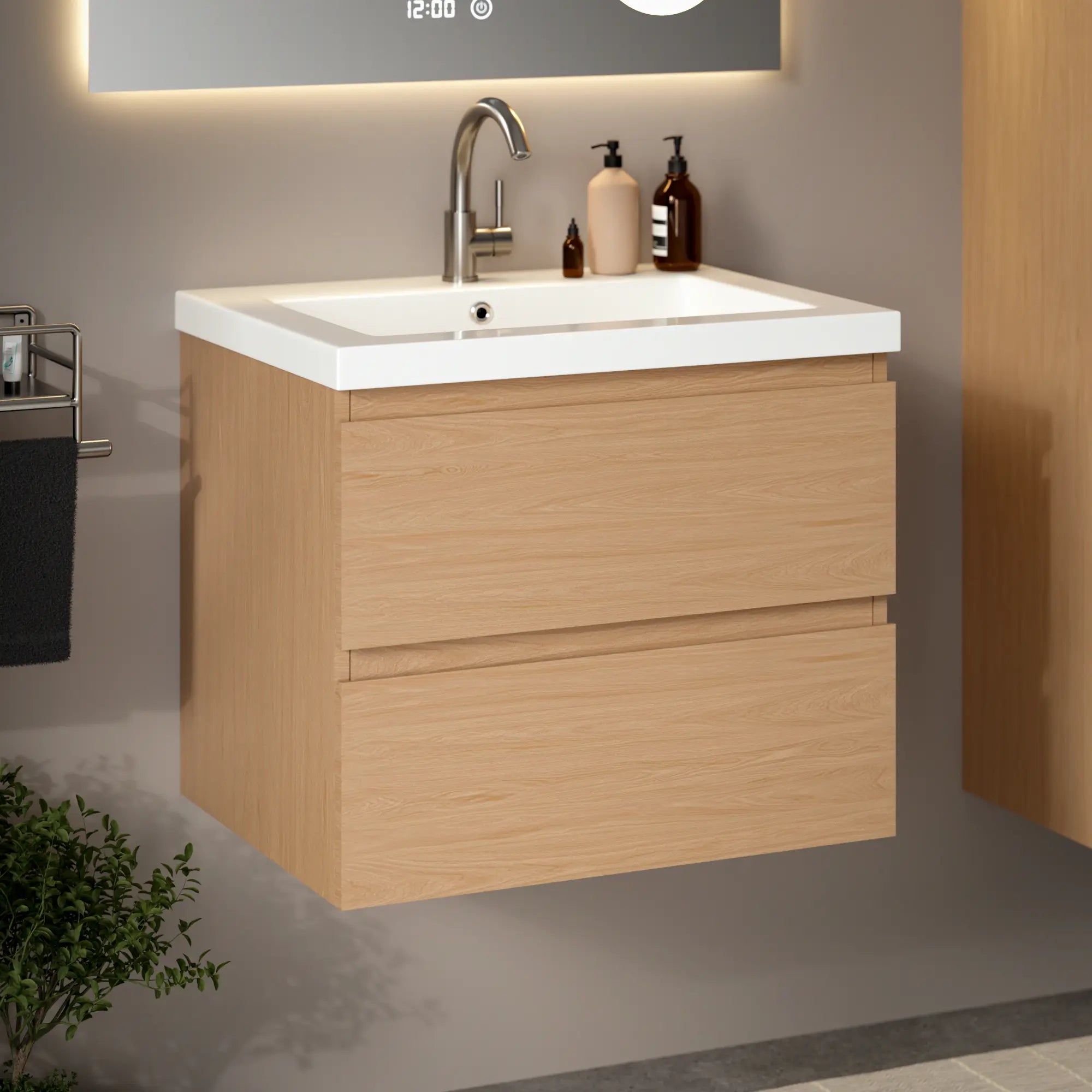 Badkamermeubel set Amara - 60cm - Licht Eiken - Wastafel Wit