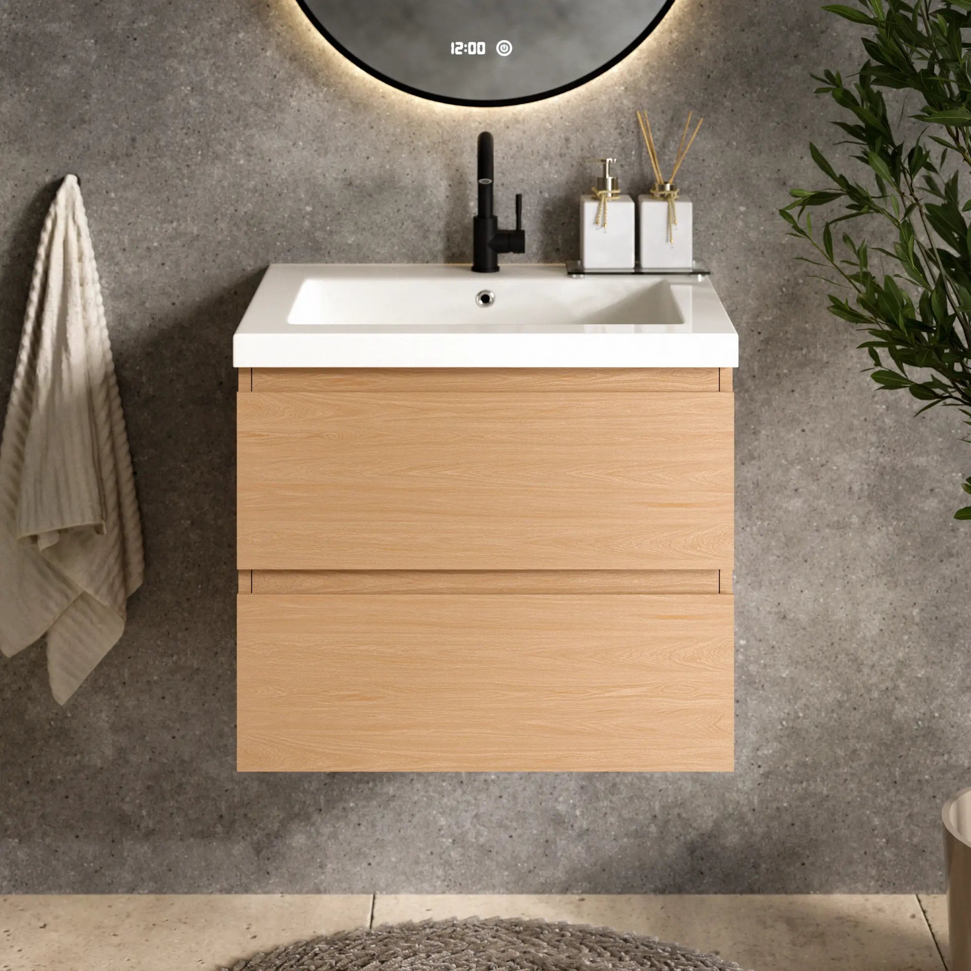Badkamermeubel set Amara - 60cm - Licht Eiken - Wastafel Wit