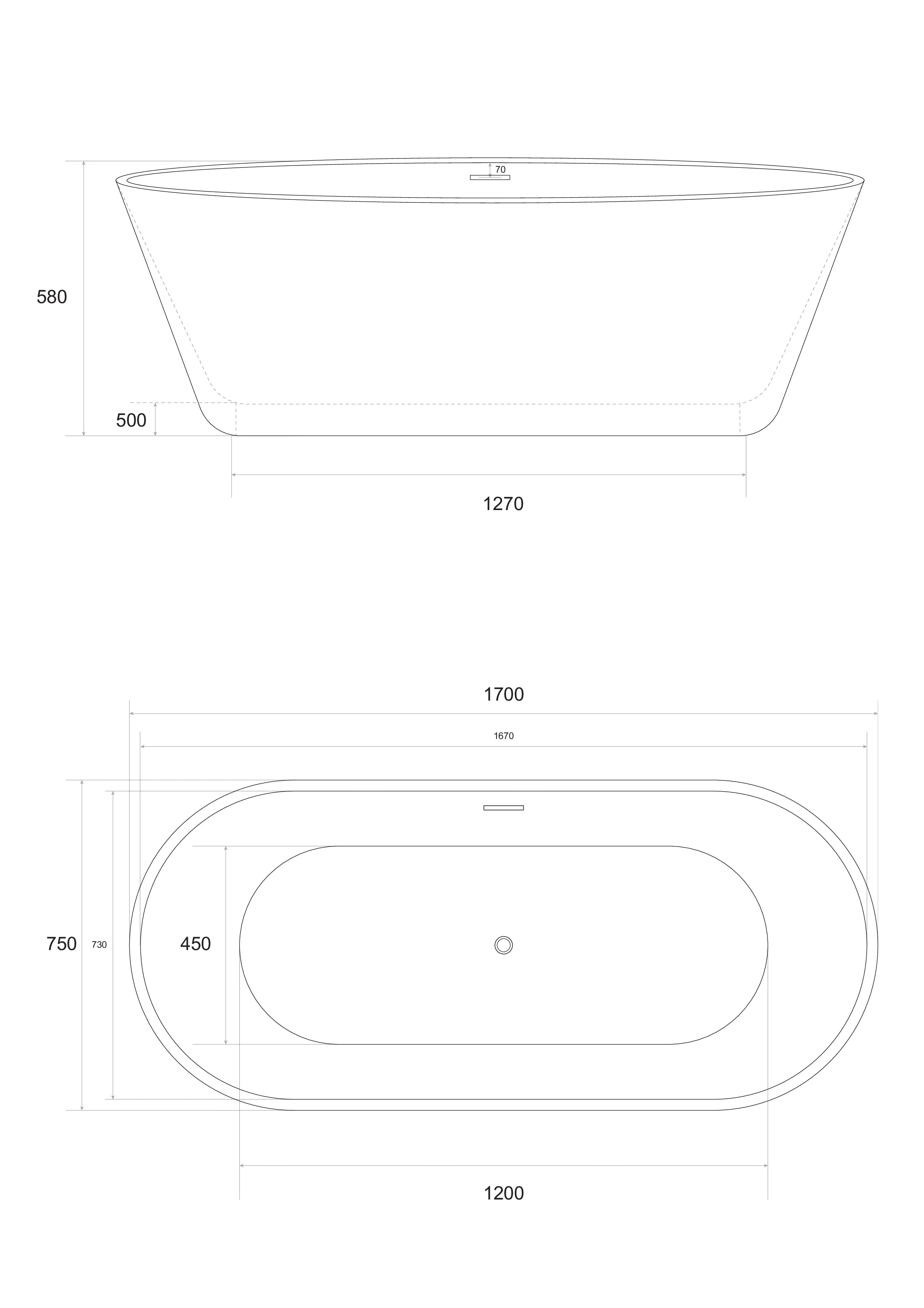 Vrijstaand bad Cleo - 170x75x58cm - Wit