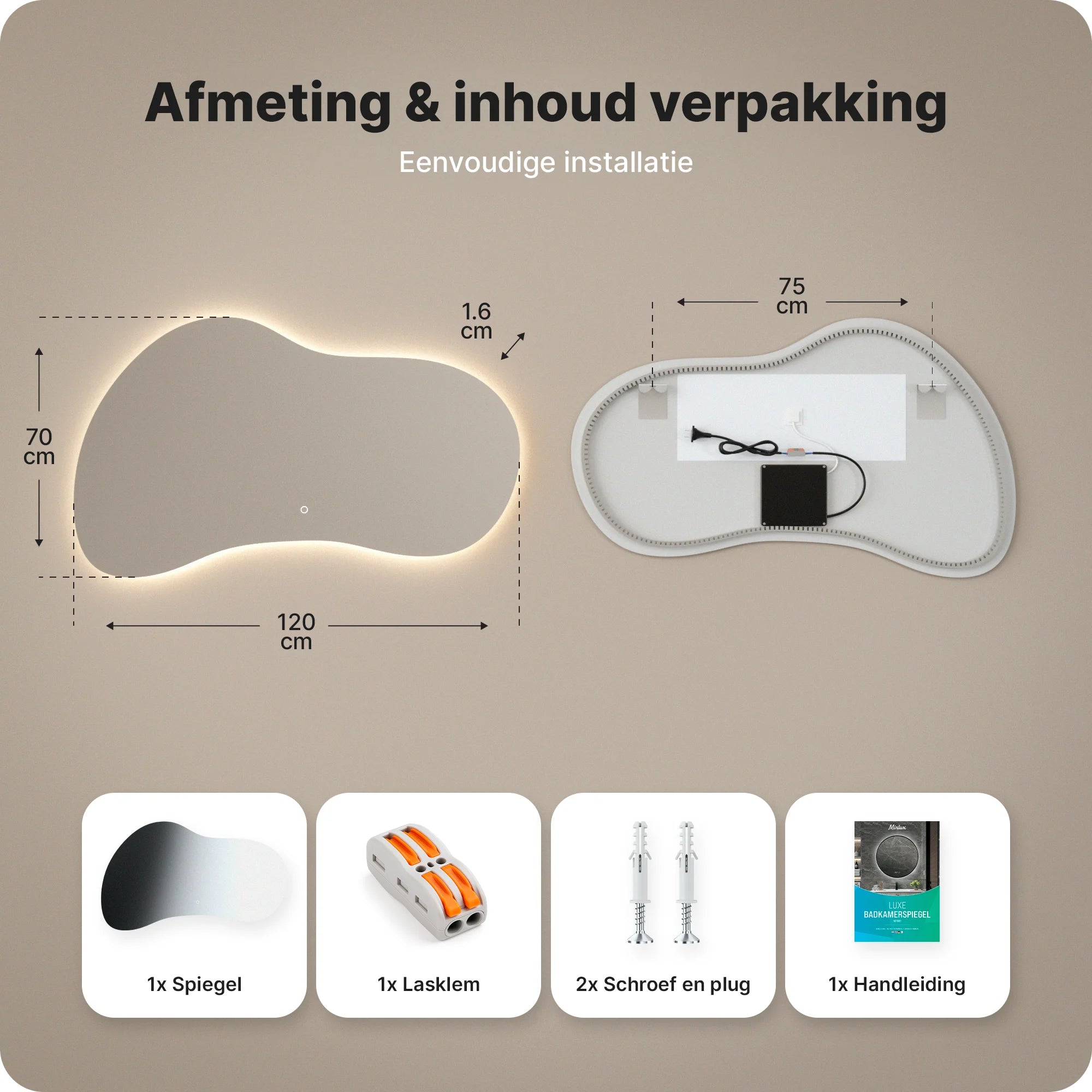Badkamerspiegel - 120x70 - Asymmetrisch - Frameloos - PRE-ORDER