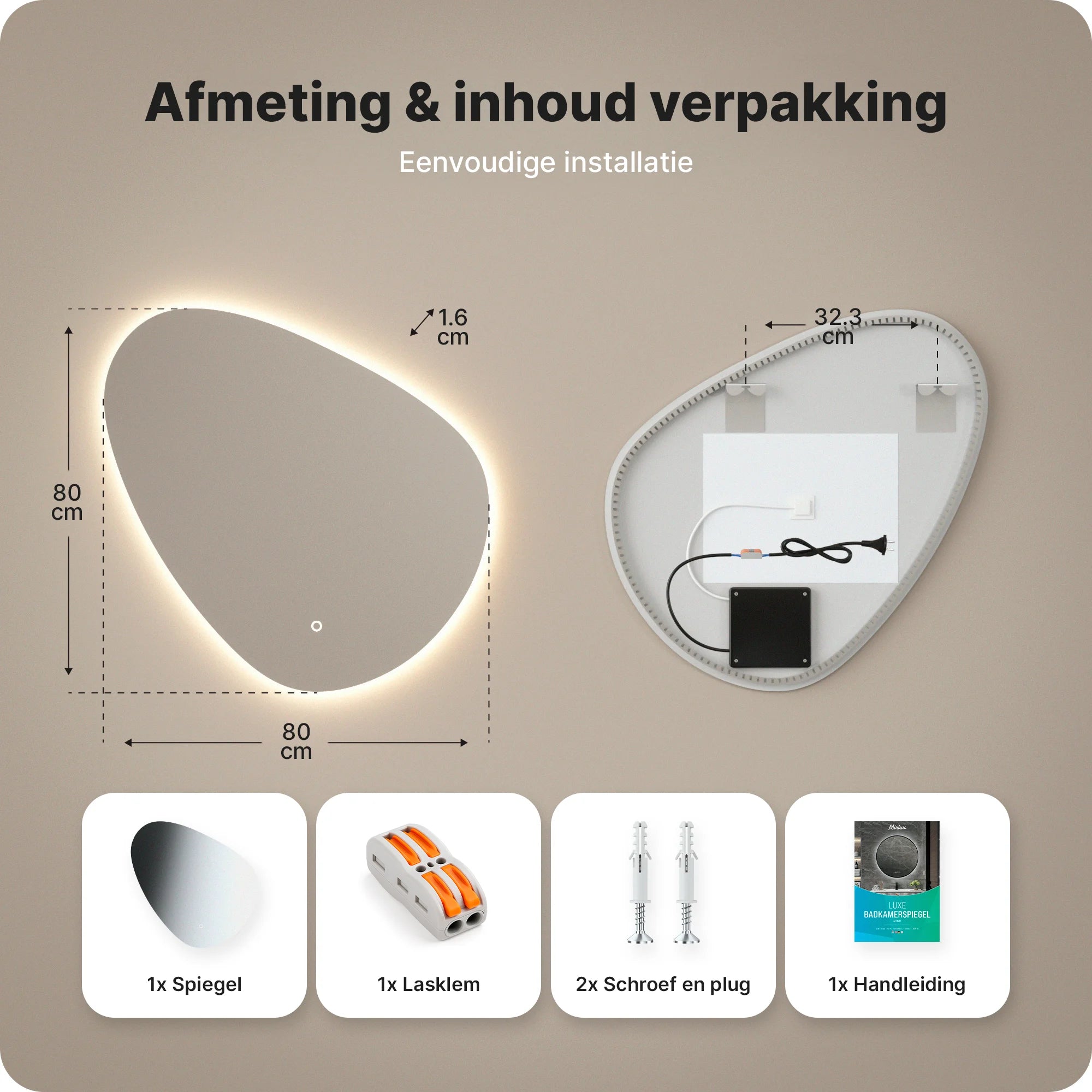 Badkamerspiegel - 80x80cm Asymmetrisch - Frameloos - PRE-ORDER