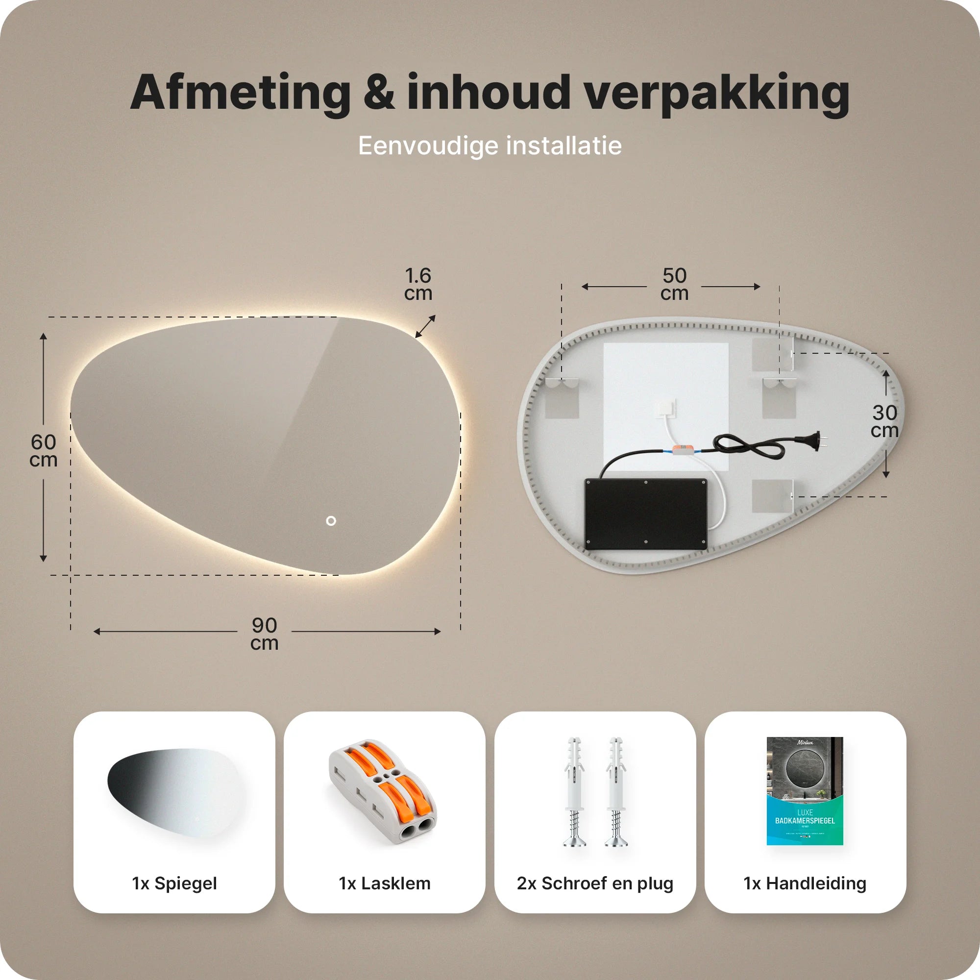 Badkamerspiegel - 90x60cm Asymmetrisch - Frameloos - PRE-ORDER