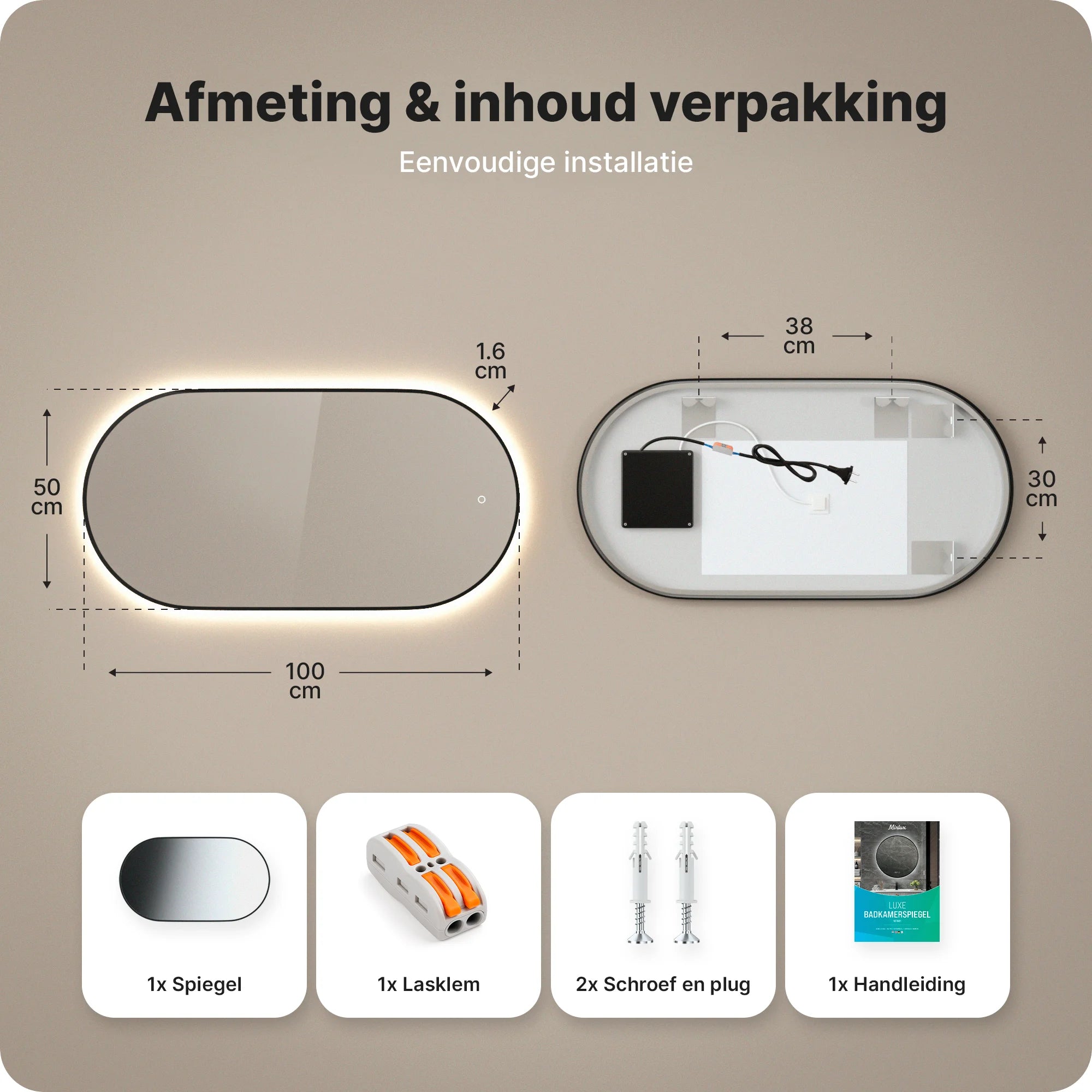 Badkamerspiegel - 100x50cm Ovaal - Zwart Frame - PRE-ORDER