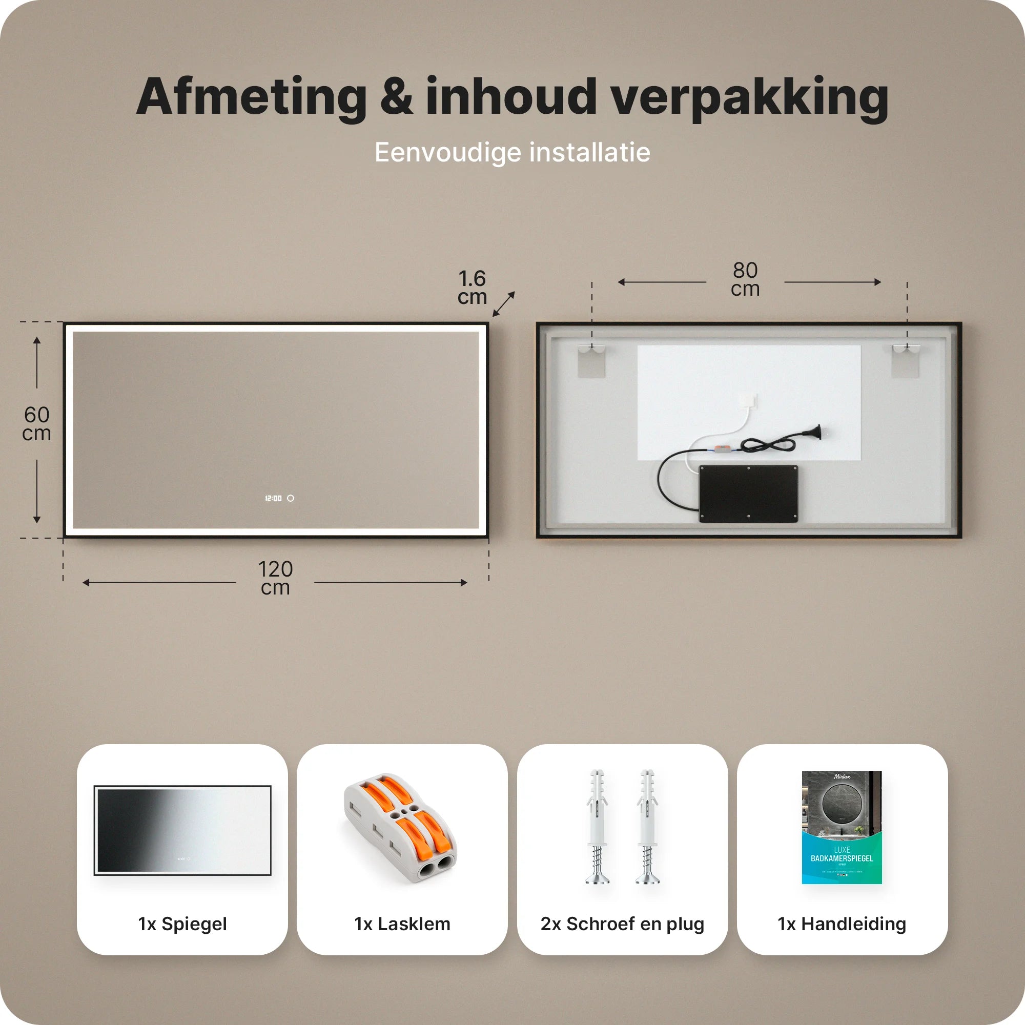 Badkamerspiegel - 120x60 - Rechthoekig - Zwart Frame
