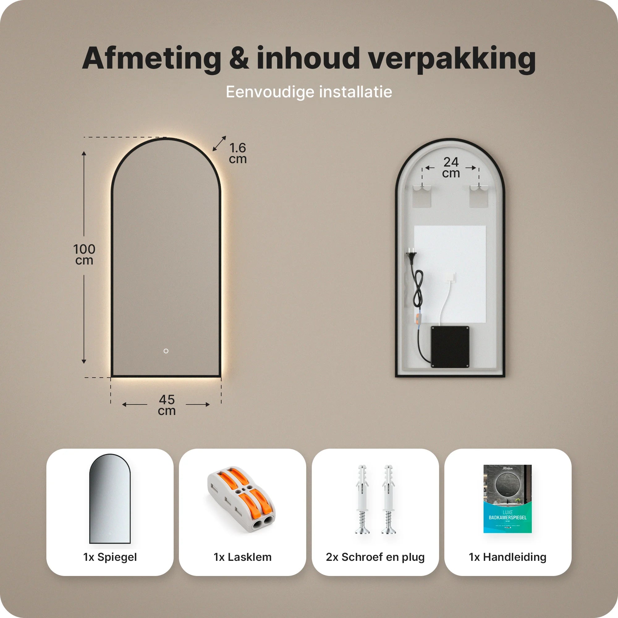 Badkamerspiegel - 45x100 - Arch toog - Zwart Frame