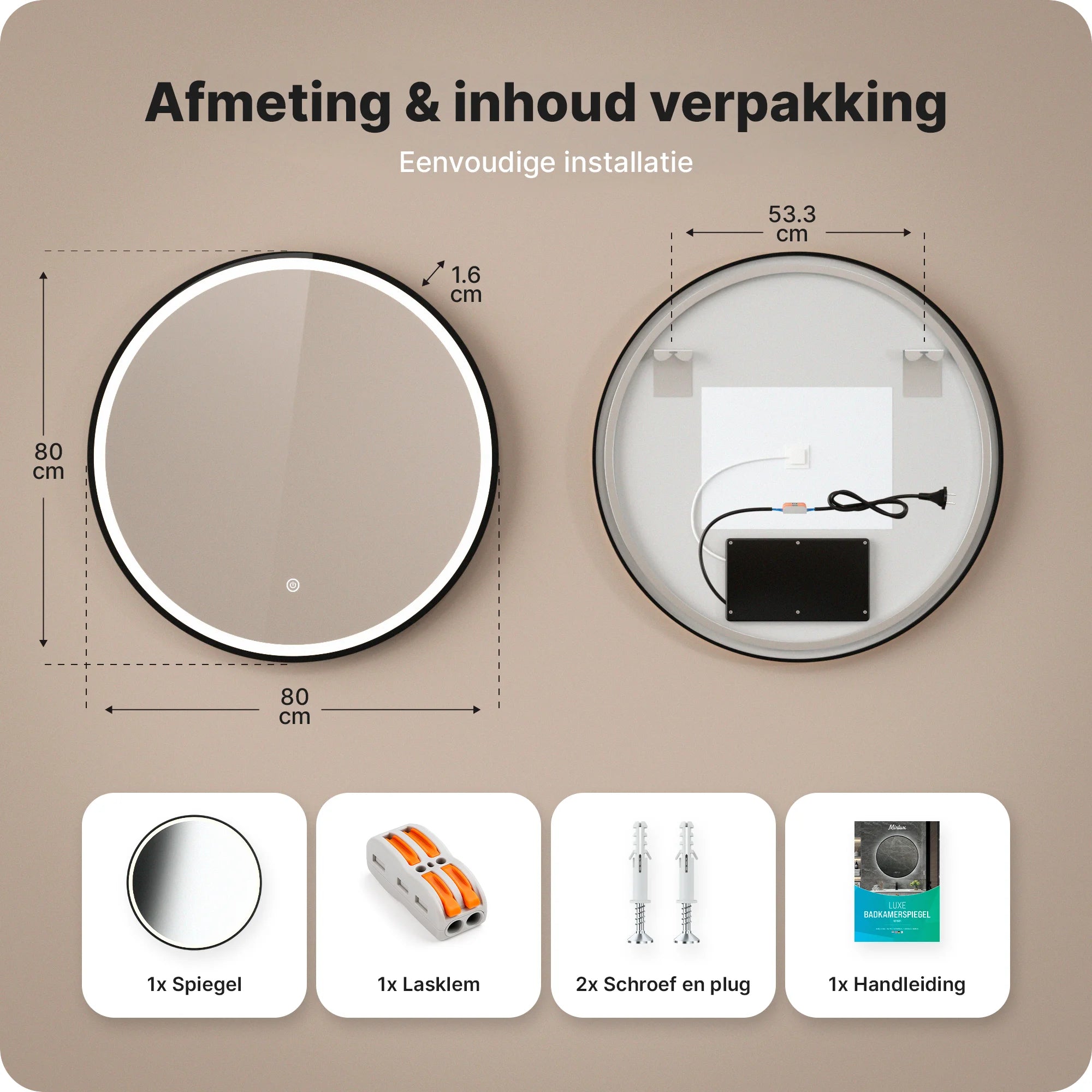 Badkamerspiegel - 80cm - Zwart Frame - Rond