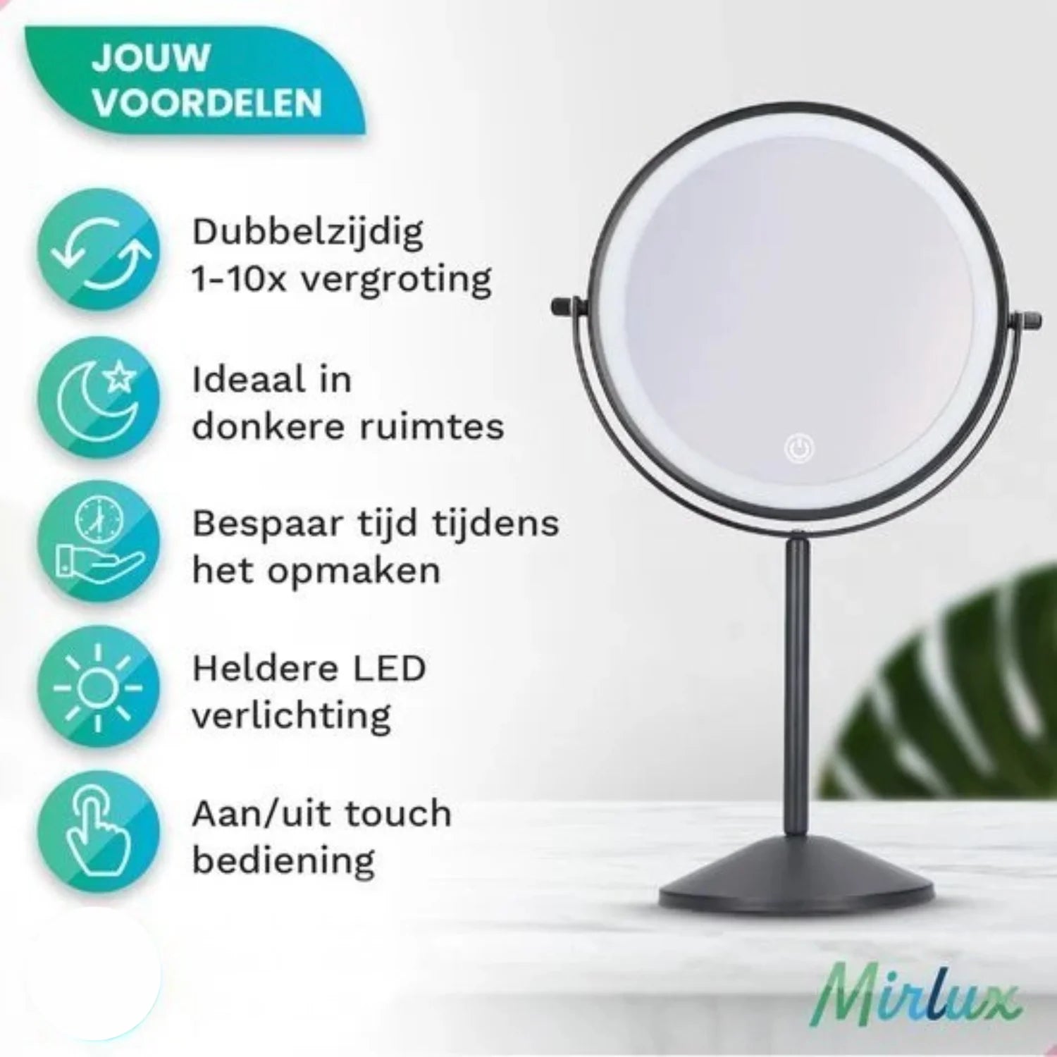 Make-Up Spiegel - Oplaadbaar - Zwart - 1-10x Vergroting
