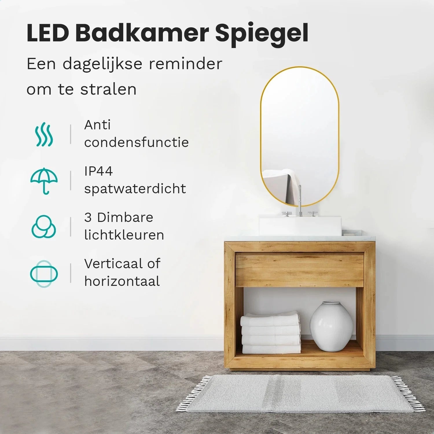Badkamerspiegel - 90x50cm Ovaal - Goud Frame