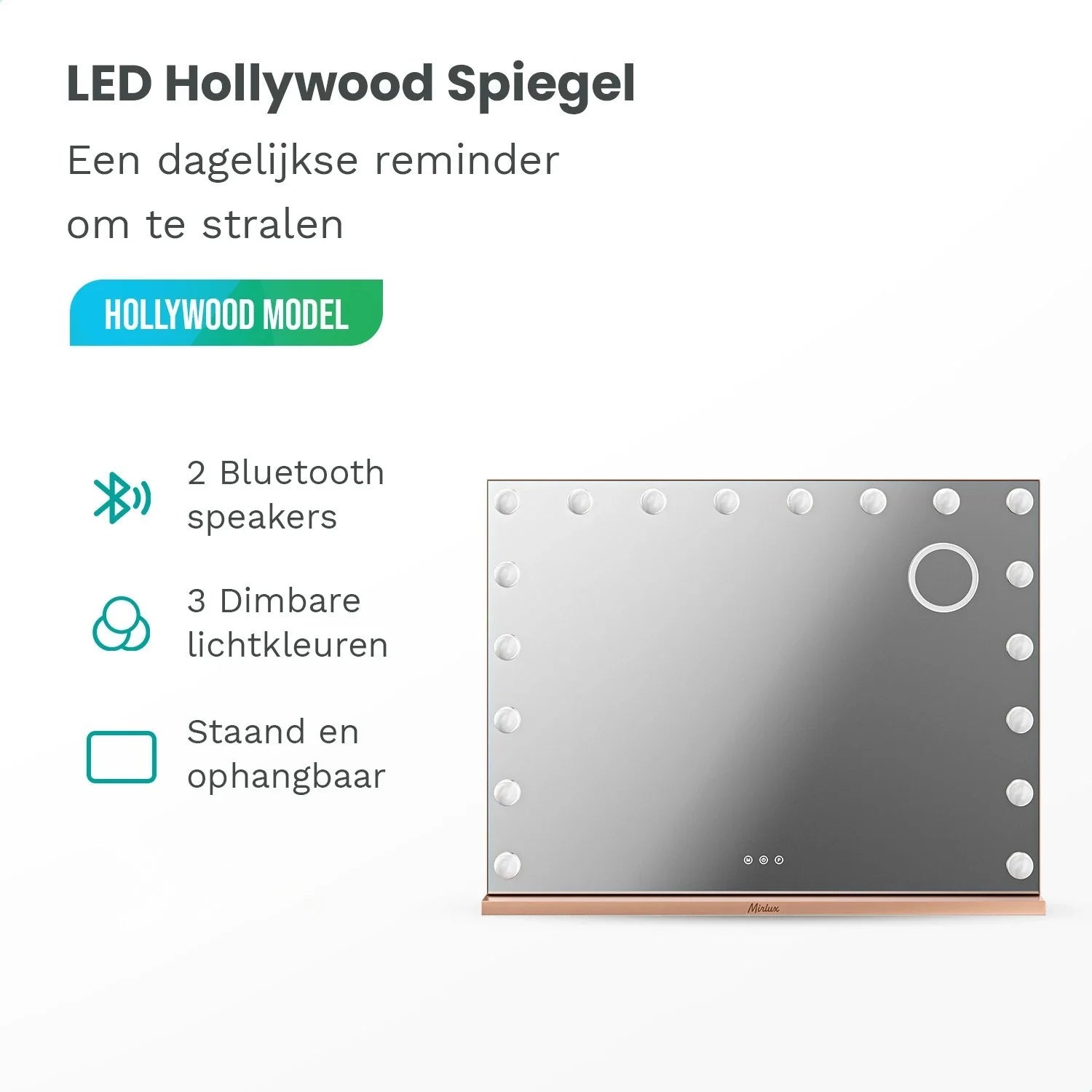 Hollywood Spiegel - Bluetooth Speakers - 80x60cm - Rosé Goud