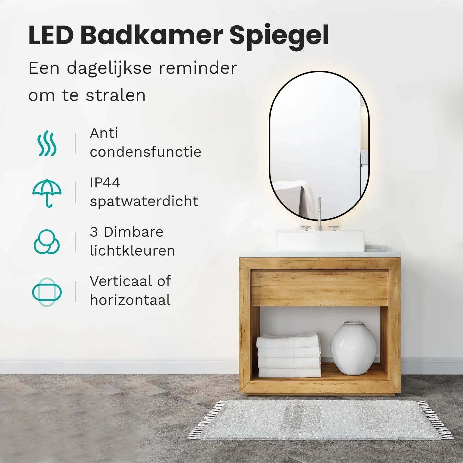 Badkamerspiegel - 90x60cm Ovaal - Zwart Frame