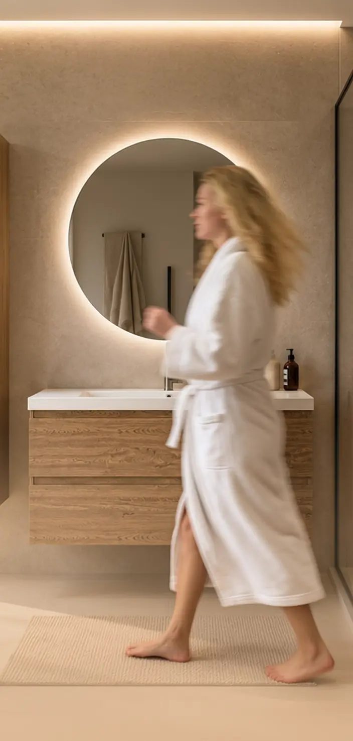 Badkamer met ronde verlichte Mirlux-spiegel en houten badkamermeubel